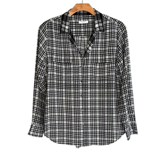 EQUIPMENT FEMME Silk black and white plaid button down shirt size large - Picture 1 of 6